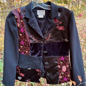 David Warren Black Blazer with Floral Silk Brocade Patchwork Panels